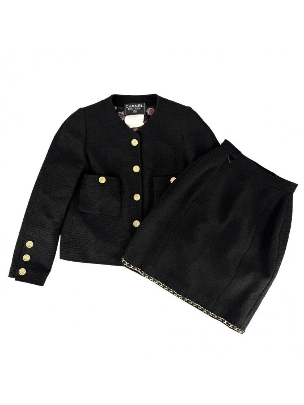 Chanel Set CC Logo Chain Collarless Jacket Skirt Vintage 38 Black Gold Wool